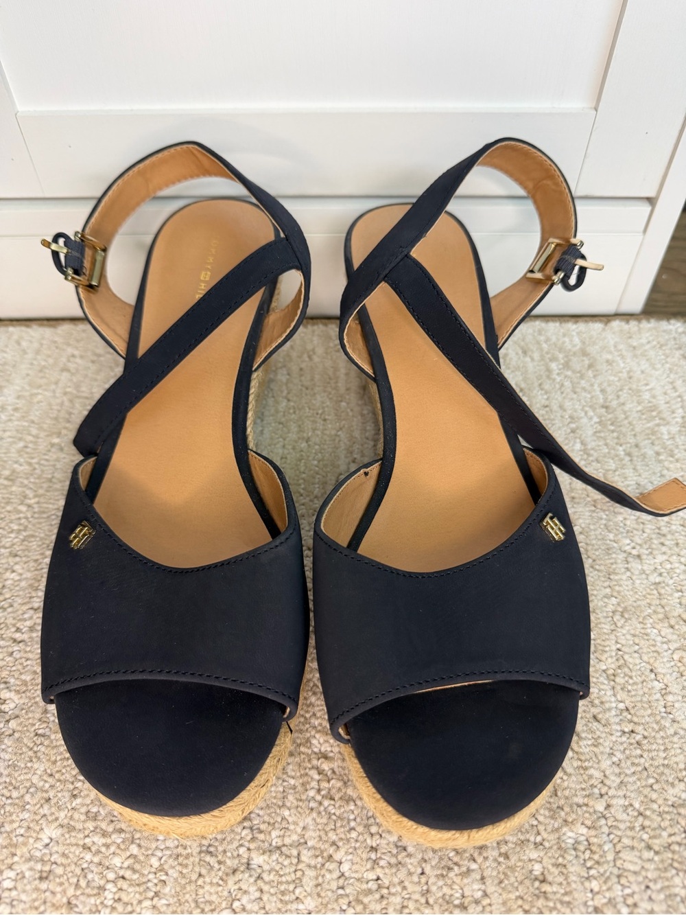 Tommy Hilfiger Navy Crisscross Espadrille Wedge Sandals with Gold Accents